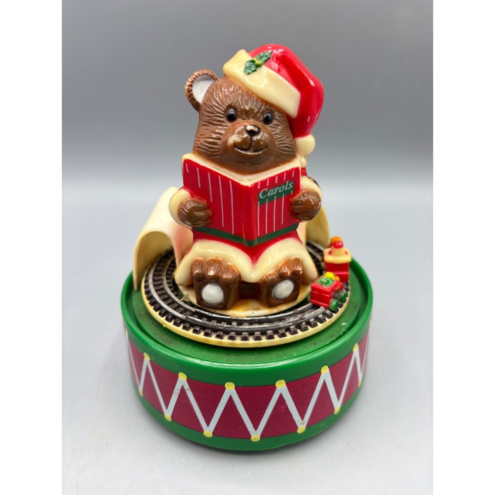 Vtg Christmas‎ Musical Teddy Bear Caroler Santa Hat Village Train Music Box